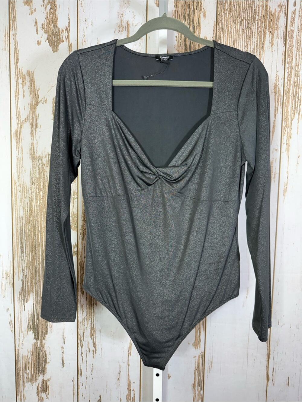 Express Shimmery Charcoal Gray Long-Sleeve Twist Front Bodysuit. Size Large.